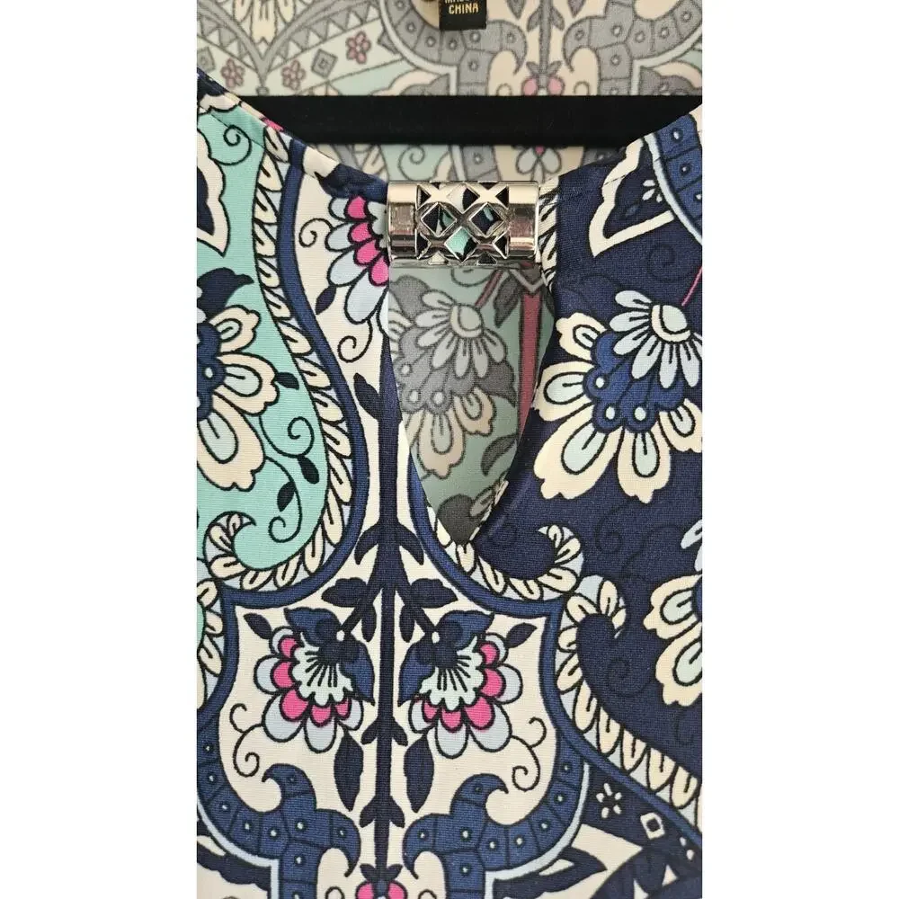 Melissa Paige Womens LG Tunic Top Blouse L/S Keyhole Neck Floral Bell Sleeves